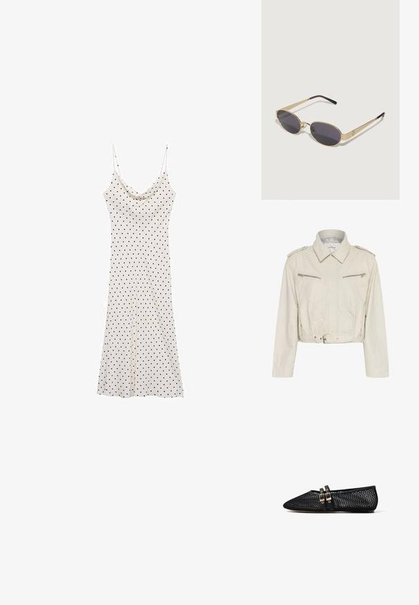 Skórzana kurtka w odcieniu jasnego beżu, krótka, z kołnierzykiem, dwoma zamykanymi na zamek kieszeniami na piersi oraz paskiem w talii. Charakteryzuje się gładką teksturą i minimalnymi akcesoriami.; Sukienka bez rękawów z miękkiego, lekkiego materiału; kremowe tło z czarnymi kropkami; drapowany dekolt i zwiewny krój.; Czarne siateczkowe płaskie buty z ostro zakończonym nosem i dwoma cienkimi podwójnymi paskami z klamrami na podbiciu, zaprezentowane w profilu bocznym na białym tle.; Złote okulary przeciwsłoneczne w metalowej oprawie z owalnymi ciemnymi soczewkami. Smukłe zauszniki przechodzą w purpurowe końcówki. Zauważalny detal z logo po boku.; Czarna skórzana torebka na ramię o zaokrąglonym kształcie, z dwiema regulowanymi ramiączkami i subtelnym logo z przodu. Teksturowana powierzchnia, minimalistyczny design.