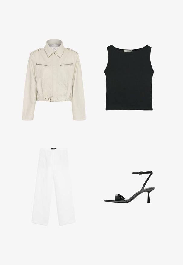 Geknipte lichtbeige leren jas met een kraag, twee ritsborstzakken en een ceintuur in de taille. Heeft een gladde textuur en minimale hardware.; Zwarte mouwloze top van gladde stof, met een ronde halslijn en een aansluitend ontwerp zonder zichtbare patronen of versieringen.; Witte linnen wijde broek met een gladde structuur, voorzien van een medium taille, twee voorzakken en een eenvoudig ontwerp.; Bershka Sandalen met hoge hak - black