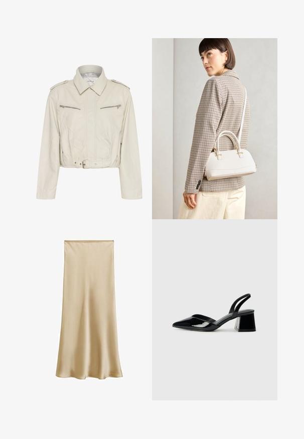 Jachetă din piele bej deschis, tăiată, cu guler, două buzunare pe piept cu fermoar și talie cu curea. Prezintă o textură netedă și hardware minim.; Două bluze cu mâneci lungi: una neagră și una albă. Ambele au un guler rotund și o textură netedă, cu fapte. Eticheta brandului este vizibilă în interiorul gulerului.; Fustă midi din satin bej cu o textură netedă și ușor strălucitoare, cu un talie ajustată și o siluetă fluidă. Fără modele vizibile sau embellismente.; Pantofi cu toc slingback din piele lacuită neagră, cu vârf ascuțit și toc geometric. Prezintă un design elegant, minimalist și o textură netedă.; Geantă structurată albă, cu mânere scurte și curea de umăr, având accente din metal aurit și material texturat, expusă pe un fundal gri.