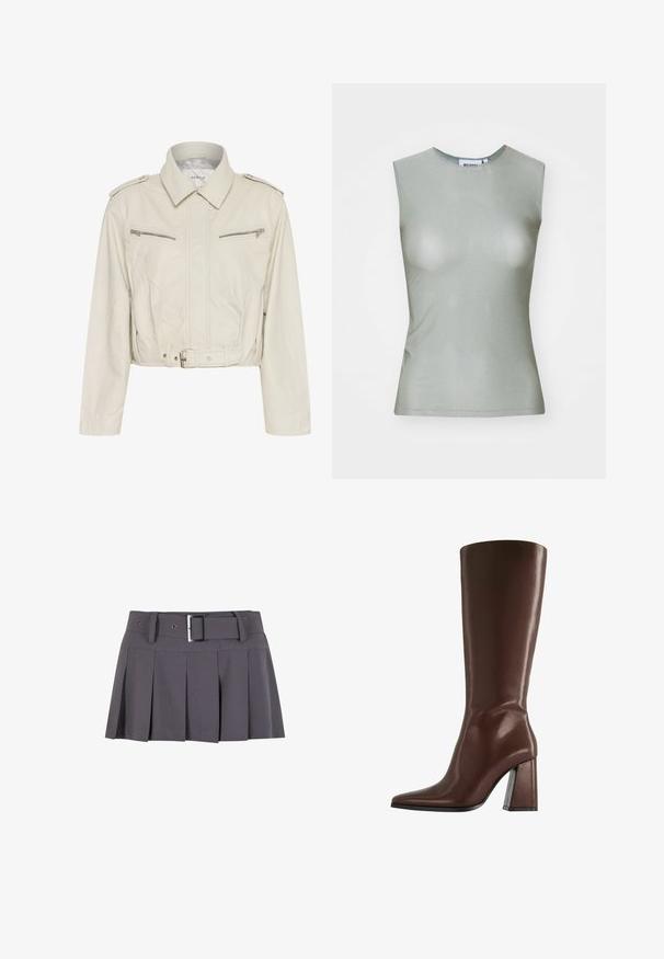 Giacca di pelle di un beige chiaro cropped, con collo a camicia, due tasche sul petto con zip e vita con cintura. Presenta una texture liscia e un hardware minimale.; Top senza maniche di colore verde chiaro realizzato in tessuto morbido, con collo alto e silhouette aderente. Nessuna hardware o motivo visibile.; Mini gonna plissettata grigia con una texture morbida, dotata di una vita larga, passanti per la cintura e un dettaglio con fibbia rettangolare in argento.; Stivale marrone in pelle alto fino al ginocchio con punta a punta e tacco medio spesso, mostrato di profilo su sfondo bianco.