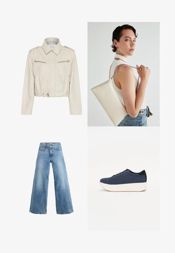 Lyhennetty vaaleanbeige nahkatakki, jossa on kaulustakki, kaksi vetoketjullista rintataskua ja vyöllinen vyötärö. Ominaisuuksiin kuuluu sileä pinta ja minimaalinen varustelu.; Valkoinen puuvillainen t-paita lyhyillä puffihihnoilla, joissa on pieniä hopeisia koristeita hihojen varrella. Klassinen pyöreä kaula-aukko, rento malli.; Levi's® WIDE LEG - Flared-farkut - headwinds ahead; Sotilaspunainen tennari, jossa on teksturoitu kangasyläosa, valkoinen alustan pohja, pyöreä kärki ja musta kantapääkorostus. Varustettu kuudella nyörille tarkoitetulla reikällä.; Valkoinen suorakulmainen clutch-laukku, joka on valmistettu kiiltävästä materiaalista ja jossa on hopeinen ketjuolkahihna. Malli poseeraa laukku käsivarsillaan yksinkertaista taustaa vasten.