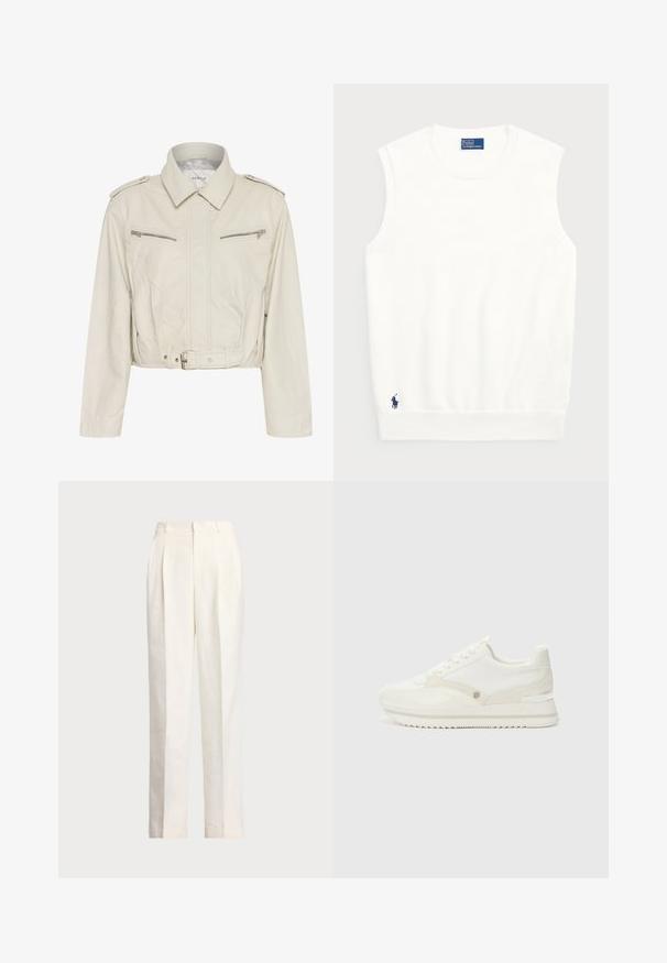 Ausschnitt hellbeige Lederjacke mit Kragen, zwei Reißverschlusstaschen auf der Brust und tailliertem Gürtel. Verfügt über eine glatte Textur und minimalistische Hardware.; Weißer ärmelloser Pullover aus glattem Baumwollmaterial, mit einem gerippten Saum und einem kleinen marineblauen Logo unten links. Einfaches Design, keine Muster.; Polo Ralph Lauren HEMP WIDE LEG PANT - Stoffhose - nevis; Weiße Sneakers aus einer Kombination aus glatten und strukturierten Materialien, mit einem dezenten Logo, Schnürdesign und gezackter Sohle.