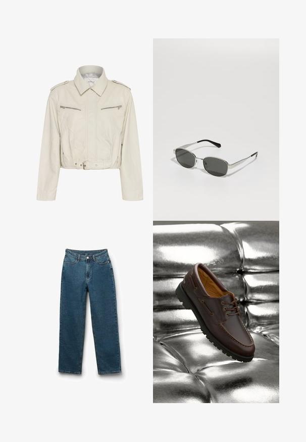 Veste en cuir beige clair, courte, avec un col, deux poches poitrine zippées et une taille ceinturée. Dispose d'une texture lisse et d'une quincaillerie minimale.; Camisole blanche sans manches en tissu lisse, dotée de fines bretelles et d'une coupe ajustée avec un ourlet droit. Pas de motifs ou d'accents supplémentaires.; Jean en denim bleu foncé avec une coupe droite, style cinq poches, fermeture à bouton et détails de couture visibles.; Bateau en cuir marron avec semelle en caoutchouc noir reposant sur une surface métallique argentée brillante et capitonnée.; Lunettes de soleil avec des verres gris, monture en métal argenté slim, accents transparents et embouts noirs sur les branches. Elles ont une forme ovale.
