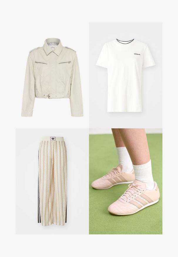 Jaqueta de couro de tom bege claro, com colarinho, dois bolsos laterais com zíper e cintura com cinto. Apresenta textura suave e hardware minimalista.; T-shirt de algodão branca com mangas curtas e decote redondo. Apresenta um logo preto da Adidas no peito e uma gola interna preta em contraste.; Calças largas de cor creme com um padrão em zigzag, apresentando uma cintura com logotipo preto e riscas laterais pretas. Tecido leve e texturizado.; Ténis atléticos rosa claro com costura diagonal, solas brancas e três riscas laterais. Usados com meias brancas com nervuras sobre uma superfície verde.