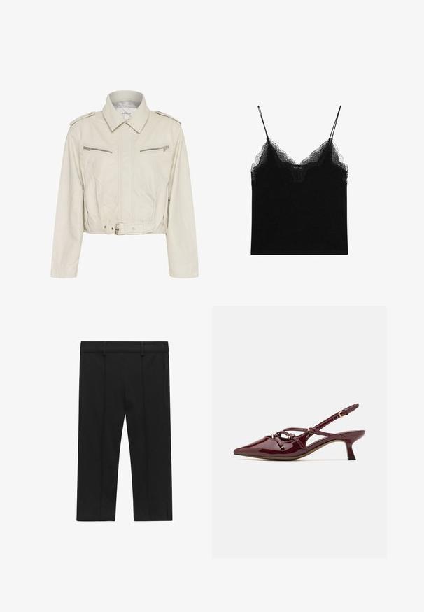 Kraftigt beige læderjakke med krave, to lynlåslommer på brystet og talje med bælte. Har en glat tekstur og minimal hardware.; Sort camisole med blondedetaljer, med tynde justerbare stropper. Blødt stof med en glat tekstur og en tætsiddende silhuet.; STOCKH LM Studio KAYLA CAPRI - Shorts - black; Bordeaux patentlæder slingback sko med spids tå, lille hæl, dekorative stropdetaljer og en blank finish.