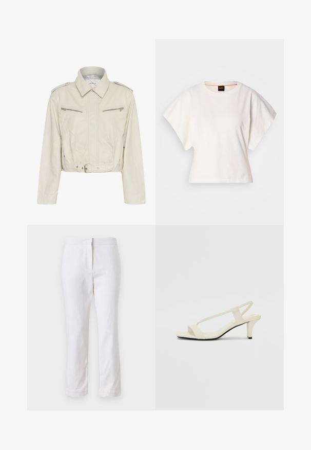 Ausschnitt hellbeige Lederjacke mit Kragen, zwei Reißverschlusstaschen auf der Brust und tailliertem Gürtel. Verfügt über eine glatte Textur und minimalistische Hardware.; Weißes, kurzes T-Shirt, kurze weite Ärmel, weicher Baumwollstoff, runder Ausschnitt mit subtilen orangefarbenen Akzenten, minimales Design, keine Muster oder Grafiken.; Weiße Baumwollhose mit geradem Bein, mittelhoher Taille und ohne sichtbare Beschläge oder Muster. Glatte Textur auf der gesamten Fläche.; Beige Blockabsatzsandalen mit dünnen Riemen und quadrater Spitze. Glattes Material mit minimalem Design, entworfen für einfaches Tragen.