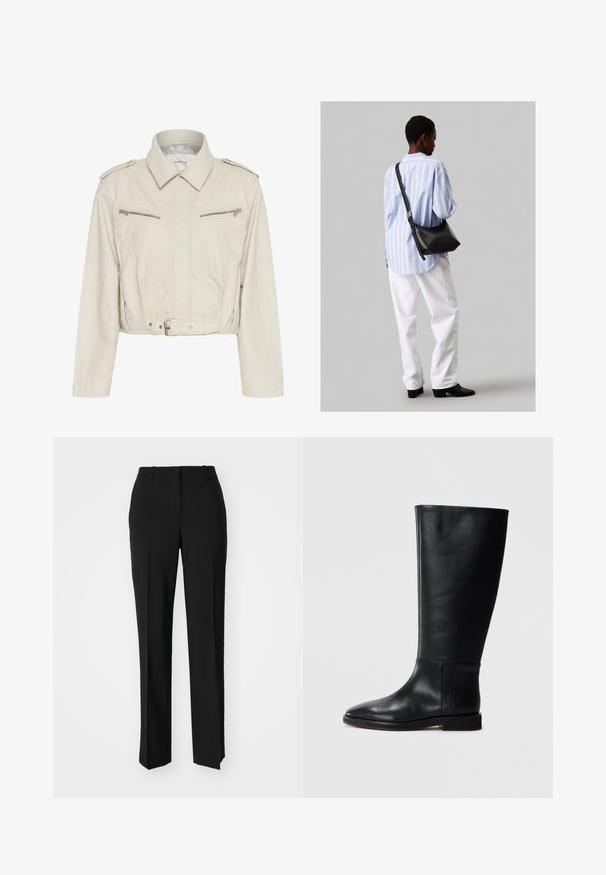 Jachetă din piele bej deschis, tăiată, cu guler, două buzunare pe piept cu fermoar și talie cu curea. Prezintă o textură netedă și hardware minim.; Tricou alb scurt, cu mâneci scurte și largi, din bumbac moale, cu decolteu rotund și un finisaj subtil portocaliu, design minimalist, fără modele sau grafice.; Pantaloni negri tailor-ed cu un design drept, având o textură fină și cute clare pe față. Fără elemente de prindere vizibile.; Cizmă neagră din piele până la genunchi, cu vârf rotund, textură netedă, design minimalist și talpă plată. Detalii simple de cusătură pe tijă.; Geantă de umăr din piele neagră cu o textură moale, formă triunghiulară și curea ajustabilă, asortată cu o bluză cu dungi albastre deschise și pantaloni albi.