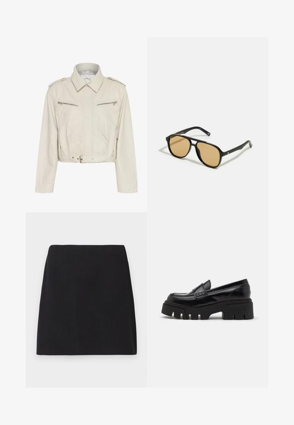 Skrajno obrezana svetlo bež usnjena jakna s ovratnikom, dvema žepoma na prsih z zadrgo in pasom. Ima gladko teksturo in minimalno kovinsko opremo.; Črna dolgimasna majica iz rebraste tkanine. Ima okroglo ovratnico in prilegajoč dizajn brez vidnih vzorcev ali poudarkov.; Črna mini krilca, ravnega kroja, gladka tekstura tkanine, brez vidnih vzorcev ali okrasitev, čiste robove, brez dodatkov. Enostaven dizajn.; Črne usnjene loafersice s debelim teksturiranim platformskim podplatom in okrasnim trakom čez zgornji del. Gladek, sijajen videz.; Črne sončne očala z rjavim odtenkom leč; pravokotna oblika s širokim okvirjem, vključno z diskretno kovinsko dekoracijo na obeh strani.; Rjava pletena torbica za večerjo z teksturiranim zaključkom, z zlato obarvanimi dodatki in dekorativnimi žebljički ob robovih. Ima verižni trak.