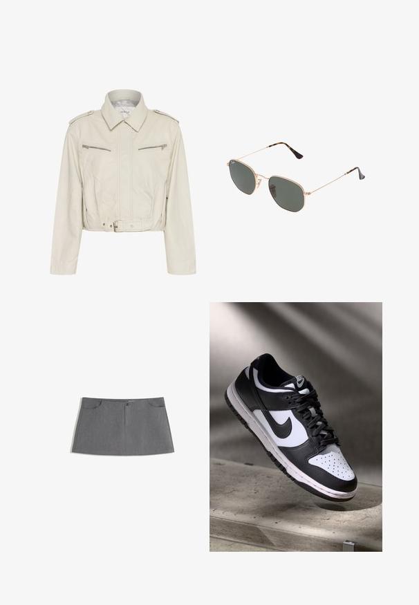 Ausschnitt hellbeige Lederjacke mit Kragen, zwei Reißverschlusstaschen auf der Brust und tailliertem Gürtel. Verfügt über eine glatte Textur und minimalistische Hardware.; Weißes, kurzärmliges T-Shirt aus weicher Baumwolle mit rundem Ausschnitt und Raglanärmeln, das einen lockeren, geraden Schnitt ohne Muster aufweist.; Grauer Rock mit geradem Schnitt, zwei Vordertaschen, einer Frontknopfleiste und einem dezenten Texturmuster.; Schwarz-weißer Nike Dunk Low Sneaker mit Lederobermaterial, perforiertem Zehenbereich und schwarzen Schnürsenkeln, ausgestattet mit einer weißen Sohle und Logo-Akzenten.; Goldfarbene Metallrahmen-Sonnenbrillen mit dunkelgrünen Gläsern im Pilotenstil, mit schlanken Bügeln und Schildpatt-Akzenten an den Spitzen.