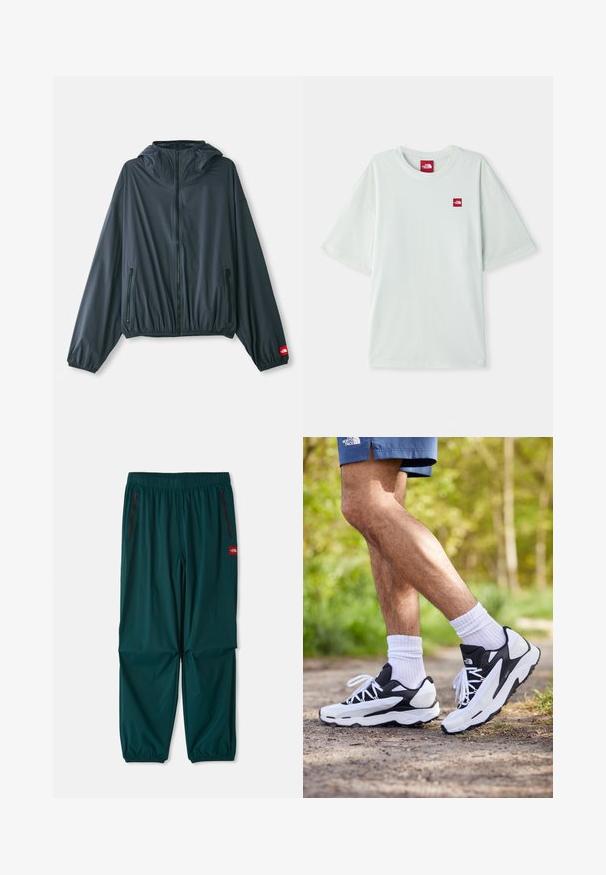 Chaqueta ligera con capucha de tela gris oscuro. Presenta un cierre frontal con cremallera, dobladillo elástico y dos bolsillos laterales con cremallera. Acento de logo rojo en la manga.; Camiseta de manga corta verde claro hecha de algodón suave, con una pequeña etiqueta de logo rojo en el área del pecho izquierdo. Corte relajado y escote redondo.; Pantalones de exterior en verde azulado oscuro, con una cintura elástica, dos bolsillos laterales con cremallera y puños elásticos en los tobillos. Material ligero.; Zapatillas deportivas en blanco y negro con parte superior de malla, acentos texturizados y cordones blancos. Combinadas con calcetines tobilleros blancos y pantalones cortos de color navy en un sendero.