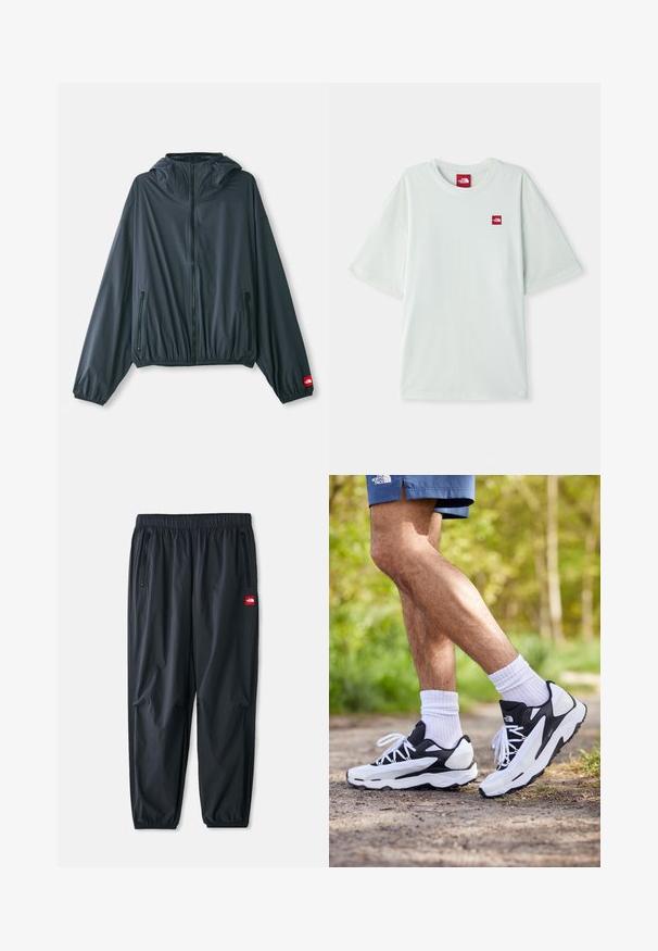 Leichte, mit Kapuze ausgestattete Jacke aus dunkelgrauem Stoff. Sie verfügt über einen Reißverschluss vorne, einen elastischen Saum und zwei seitliche Reißverschlusstaschen. Rotes Logo-Highlight am Ärmel.; Hellgrünes Kurzarm-T-Shirt aus weicher Baumwolle, mit einem kleinen roten Logostein auf der linken Brustseite. Entspannte Passform und runder Halsausschnitt.; Schwarze leichte Hosen aus synthetischem Material, mit elastischem Bund, seitlichen Reißverschlusstaschen und einem kleinen roten Logo-Patch.; Schwarz-weiße Sportschuhe mit einem Obermaterial aus Mesh, strukturierten Akzenten und weißen Schnürsenkeln. getragen mit weißen Knöchelsocken und dunkelblauen Shorts auf einem Weg.