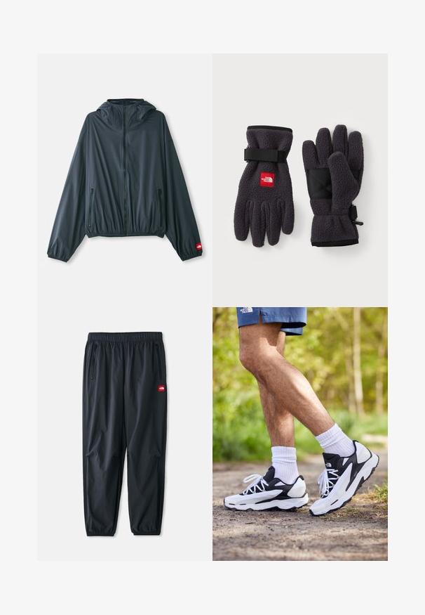 Ľahká, kapucňová bunda z tmavošedej tkaniny. Obsahuje zips na prednej strane, elastický spodný lem a dve bočné vrecká na zips. Červený logový akcent na rukáve.; Svetlozelené tričko s krátkymi rukávmi vyrobené z mäkkého bavlneného materiálu, so malou červenou logovou nášivkou na ľavej strane hrude. Vo voľnom strihu a s okrúhlym výstrihom.; Čierne ľahké nohavice vyrobené z syntetického materiálu, s elastickým pásom, bočnými vreckami na zips a malou červenou nášivkou s logom.; Čierne a biele športové topánky s sieťovinovým zvrškom, textúrovanými akcentmi a bielymi šnúrkami. Nosené s bielymi ponožkami po členky a tmavomodrými šortkami na chodníku.; Mikrofleece rukavice v tmavosivej farbe s textúrovaným povrchom. Majú nastaviteľné popruhy a čiernu spevnenú dlaň. Logo značky v červenej farbe.