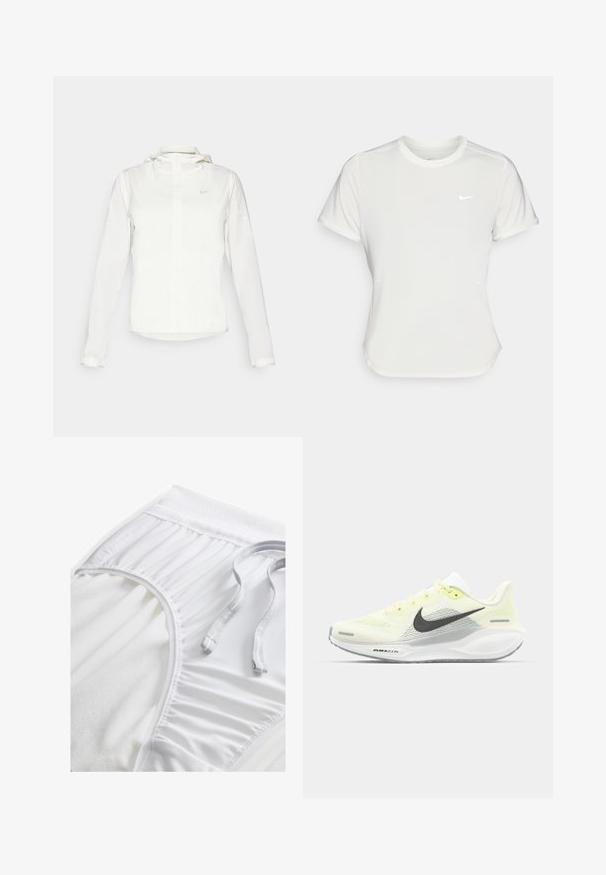 Weiße Nike-Jacke mit Kapuze, durchgehendem Reißverschluss, elastischen Bündchen und einem dezenten Logo auf der Brust. Glatte Textur und leichtes Design.; Nike T-Shirt in Weiß, mit kurzen Ärmeln und rundem Kragen, aus einem glatten, leichten Stoff gefertigt. Verfügt über ein dezentes Logo auf der Brust.; Weiße Sportshorts mit einem strukturierten Taillenbund, gerafften Seitendetails und einem flachen Kordelzug. Weicher Stoff mit glatter Oberfläche.; Nike Laufschuhe mit einem hellgelben und weißen Mesh-Obermaterial, grauen Akzenten und einer flexiblen Gummisohle. Verfügt über einen Schnürverschluss.
