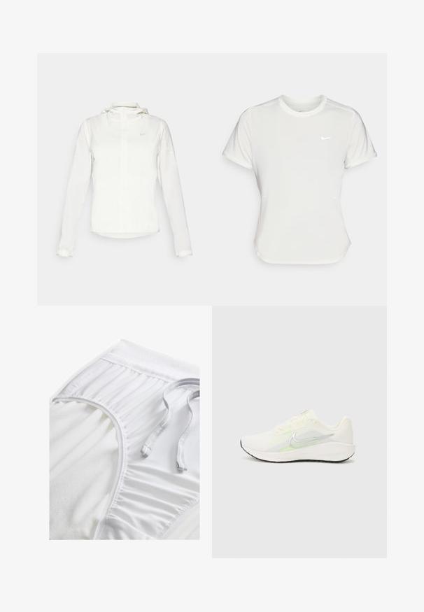 Biela Nike bunda s kapucňou, plným zipsom, elastickými manžetami a jemným logom na hrudi. Hladká textúra a ľahký dizajn.; Biele tričko Nike s krátkym rukávom a okrúhlym výstrihom, vyrobené z hladkej a ľahkej látky. Na hrudi má nenápadné logo.; Biele atletické šortky s textúrovaným pásom, zbernými bočnými detailmi a plochou šnúrkou. Mäkká tkanina s hladkým povrchom.; Nike Performance DOWNSHIFTER 13 - Cestná bežecká obuv - sail/silver-coloured photon dust/summit white/barely volt/black