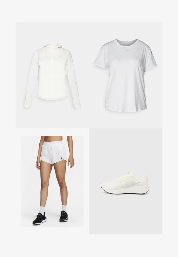 Witte Nike-jack met een capuchon, volledige rits, elastische manchetten en een subtiele logo op de borst. Gladde textuur en lichtgewicht ontwerp.; Witte T-shirt met korte mouwen van gladde stof, met een ronde halslijn en een klein grijs Nike-logo op de borst.; Witte sportshorts met een geribbelde tailleband, zijsplitten en een zwarte Nike-logo. Draag ze met zwarte sneakers en witte kousen tot aan de kuit.; Nike Performance DOWNSHIFTER 13 - Hardloopschoenen voor op de weg - sail/silver-coloured photon dust/summit white/barely volt/black
