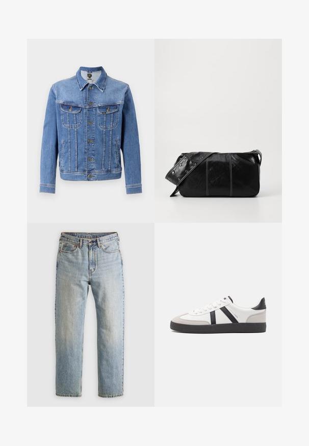 Light blue denim jacket with button front, two chest pockets, and two side pockets. Features a classic collar and straight cut design.; Gray sweatshirt with a round neck, ribbed cuffs and hem, featuring a red and navy rectangular logo patch at the chest. Soft fabric texture.; Light blue denim jeans with high waist, front button, zipper, and five-pocket design, laid flat on a neutral background.; White sneaker with black and gray accents, featuring a textured gray toe cap, black rubber sole, and flat white laces. Clean design, minimalist style.; Black leather shoulder bag with a zip closure, featuring a textured body, white stitching, and a strap with silver grommets.