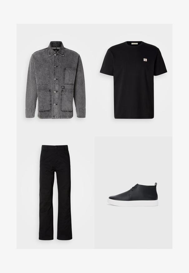 Gray denim jacket featuring a collared neck, front button closure, and multiple pockets. Visible stitching and branding label enhance design.; Black cotton t-shirt with short sleeves, crew neck, and a small embroidered logo on the left chest. Smooth texture, regular fit.; Black cotton pants with a straight-leg design, featuring a button closure and belt loops. Smooth texture and minimalistic style with no visible patterns.; Black leather high-top sneakers with a smooth finish, white rubber sole, and simple lace-up design. Features a pull tab at the back.