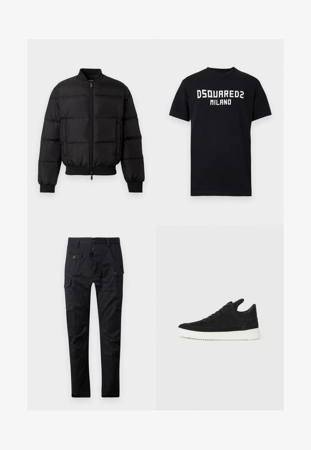 Veste en duvet noire avec une fermeture éclair à l'avant, des poignets et un ourlet côtelés. Présente un design matelassé et un logo ton sur ton sur la poche gauche de la poitrine.; T-shirt noir à manches courtes avec le texte blanc "DSQUARED2 MILANO" centré sur la poitrine, col rond et ourlet droit.; Pantalons cargo noirs en tissu résistant, avec plusieurs poches, une fermeture à bouton et un design à jambes droites. Texture lisse et finition mate.; Baskets en daim noir avec une semelle en caoutchouc blanc, présentant des coutures tonales et un design lacé. Texture lisse avec une forme moderne et épurée.