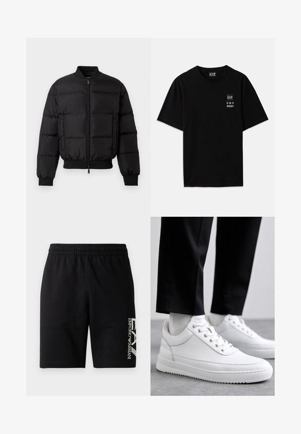 Mustmust mustroheline jakk, millel on lukuga esiosa, soonikust mansetid ja alläär. Omab tepitud disaini ja ühtlast brändimist vasakul rinnataskul.; Must must-habetic T-särk mustadest puuvilladest lühikeste varrukatega, ümar kaelus ja väike logo silt ees, mis sisaldab hooldusmärke valgena.; EA7 Emporio Armani TRAIN VISIBILITY - Lühikesed püksid - black/cream; Valged nahast tennisetossud, millel on lame kummist tallapool, sile viimistlus, ümar varvas ja metallist silmadega paelte jaoks. Kantud mustade pükstega.