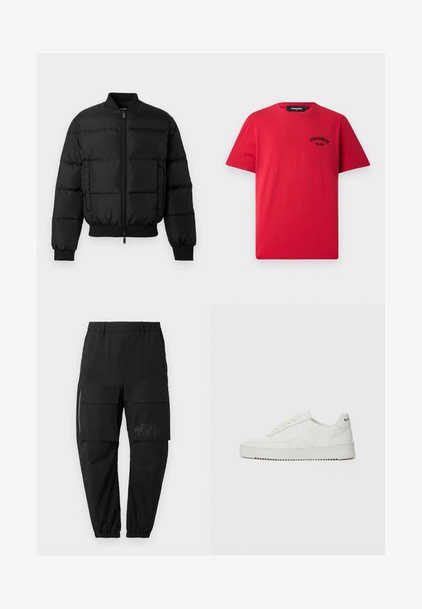 Black puffer jacket with a zip front, ribbed cuffs, and hem. Features a quilted design and tonal branding on the left chest pocket.; Red cotton T-shirt featuring short sleeves, a round neckline, and a black embroidered logo on the left chest. Simple and solid design.; Black cargo pants with an elastic waistband, featuring multiple side pockets, a zipper detail, and a subtle printed logo on the thigh.; White leather sneaker with a smooth finish, round toe, flat laces, and a textured sole. Features a subtle logo on the heel.