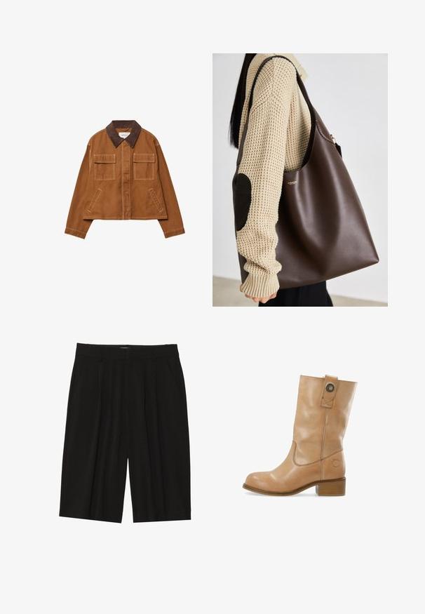 Brown cotton jacket with a corduroy collar, two front pockets, and a cropped design. Contrast stitching along seams.; Brown button-up shirt with a classic collar, long sleeves, and a straight cut. Soft texture and minimalistic design with no patterns.; Black long-sleeve shirt made of smooth, stretchy fabric. Features a round neckline and straight cut, with no visible patterns or embellishments.; Black pleated shorts made of a smooth fabric, featuring side pockets and a straight cut, with a mid-thigh length.; Tan leather ankle boot with a rounded toe, low stacked heel, side stitching, and a snap detail at the shaft. Smooth texture.; Brown leather tote bag with a spacious design. Features a smooth texture and a subtle gold logo. Paired with a cream knit sweater.