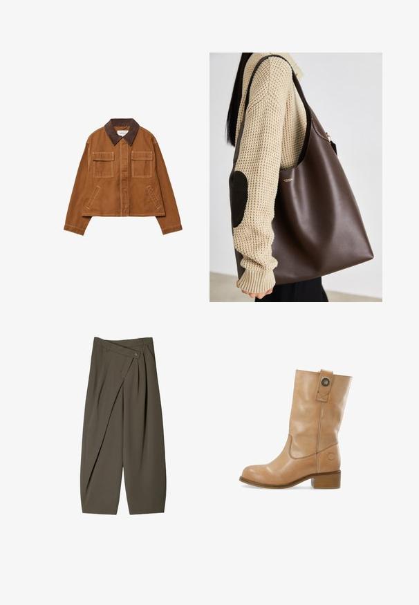 Ruskea puuvillatakki, jossa on corduroy-kaulus, kaksi etutaskua ja lyhyt muoto. Eristävä ommel saumoissa.; Ruskea nappipaitinen paita, jossa on klassinen kaulus, pitkät hihat ja suora leikkaus. Pehmeä materiaali ja minimalistinen muotoilu ilman kuvioita.; Musta pitkähihaisen pyöreäkauluksinen paita, jossa on pieni valkoinen etiketti, jossa lukee "WEEKDAY", kauluksen sisäpuolella, esitetty vaalealla taustalla.; Housut, joissa on leveä malli tummanoliivinvihreässä kankaassa, pleat-edessä, napin sulkeminen ja kiiltävä, tekstuuri pinta.; Tan-nahkasaapad nilkkapituisella, pyöreällä varvalla, matalalla pinotulla korolla, sivussa ompeleita ja napilla yksityiskohta varressa. Suora pinta.; Ruskea nahkainen kassi, jossa on tilava muotoilu. Ominaisuuksina sileä pinta ja hienovarainen kultainen logo. Yhdistetty kermaiseen neulepuseroon.