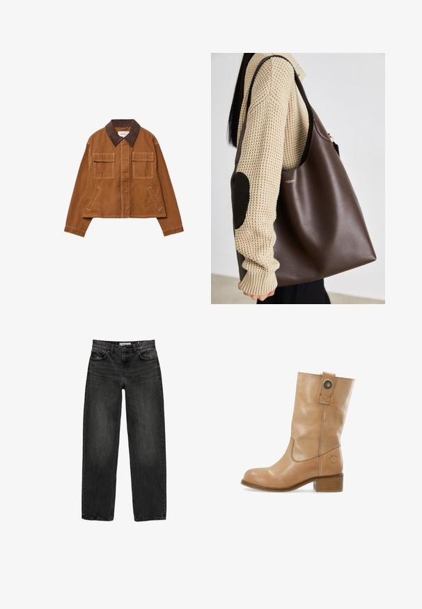Brun bomullsjacka med en kordflodds-krage, två framfickor och en kortad design. Kontraststickning längs sömmarna.; Brun knappar skjorta med klassisk krage, långa ärmar och rak passform. Mjuk textur och minimalistisk design utan mönster.; Svart långärmad tröja med rund hals och en liten vit etikett med texten "WEEKDAY" inuti kragen, visad mot en ljus bakgrund.; Svarta denimjeans med avslappnad passform, rak benprofil, femficksdesign och en något bleknad textur. Knapp och dragkedja framtill.; Läderankelsko i brunt med rund tå, låg klack, sidostygn och en tryckknappsdetalj vid skaftet. Slät yta.; Brun läder tote-väska med en rymlig design. Har en slät yta och en subtil guldig logotyp. I kombination med en krämfärgad stickad tröja.