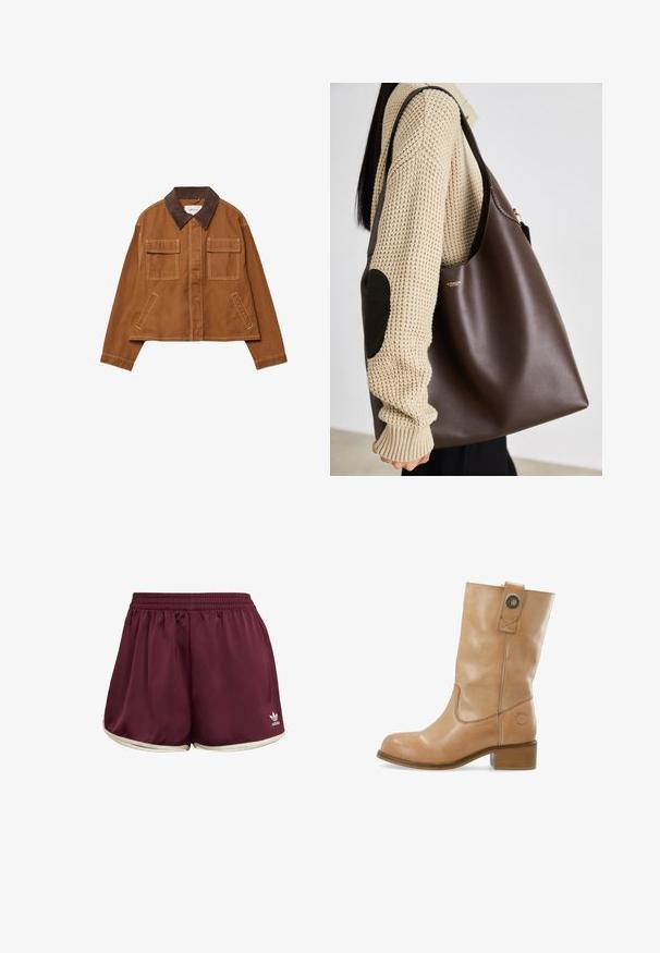 Brun bomuldsjakke med corduroykrave, to frontlommer og et cropped design. Kontrastsyninger langs sømmene.; Sort langærmet t-shirt med rund hals og et lille hvidt mærke med teksten "WEEKDAY" indeni kraven, præsenteret på en lys baggrund.; Brun skjorte med knapper, klassisk krave, lange ærmer og lige snit. Blød tekstur og minimalistisk design uden mønstre.; adidas Originals SPRINTER - Shorts - maroon cream white; Tan læder ankelstøvle med rund tå, lav hæl, side syninger og en trykknapdetalje ved skaftet. Glat tekstur.; Brun læder tote taske med et rummeligt design. Har en glat tekstur og et diskret guldlogo. Parret med en cremefarvet strikket trøje.
