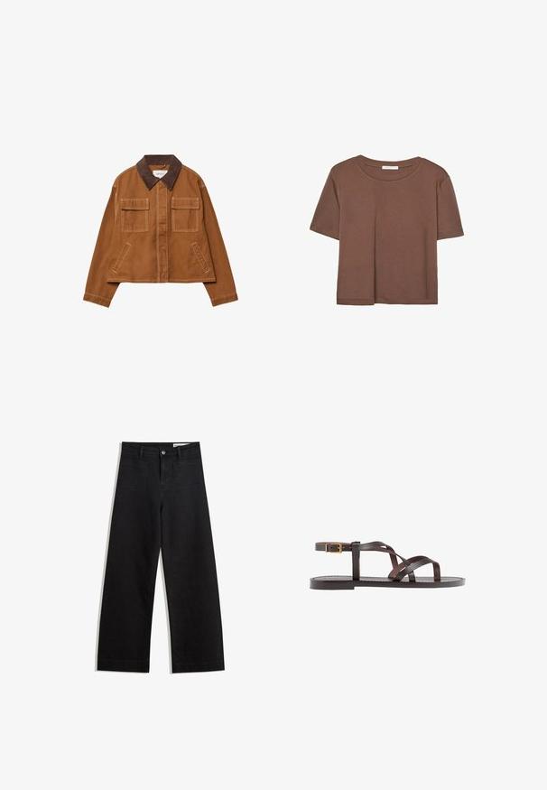 Brown cotton jacket with a corduroy collar, two front pockets, and a cropped design. Contrast stitching along seams.; Brown short-sleeve t-shirt made of soft fabric, with a round neckline and relaxed fit. No visible patterns or accents.; Black wide-leg denim pants with a high waist, featuring front and back pockets, stitched seams, and a button closure. Smooth texture.; Brown leather sandal featuring crisscross straps, an ankle buckle closure, and a flat sole with minimal stitching details.