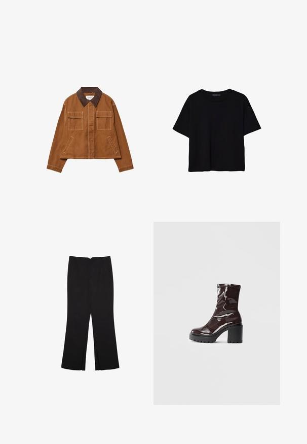 Rjava bombažna jakna s žametinim ovratnikom, dvema sprednjima žepoma in skrajšano zasnovo. Kontrastno šivanje ob šivih.; Črna kratkotrajna majica brez rokavov iz bombaža. Ima okroglo ovratnico in sproščen kroj z gladko, enostavno teksturo. Brez vidnih vzorcev ali dodatkov.; Črne hlače ravnega kroja z naglavnimi žepi in stranskimi razporki na robu. Narejene iz mehke, gladke tkanine. Primerne za različne priložnosti.; Sijajan škrlatank z bleščečim videzom, z masivnim črnim peto, ki se ponaša z gladko teksturo in preprostim dizajnom. Brez vidnih zapenjal ali vzorcev.