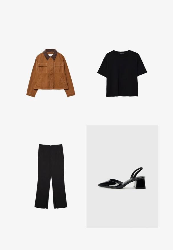 Hnědá bavlněná bunda s kordovým límcem, dvěma předními kapsami a zkráceným střihem. Kontrastní šití podél švů.; Černé tričko s krátkým rukávem vyrobené z bavlny. Má kulatý výstřih a volný střih s hladkým, jednobarevným povrchem. Bez viditelných vzorů nebo akcentů.; Černé kalhoty s rovným střihem, s předními kapsami a bočními rozparky na lemu. Vyrobené z jemné, hladké tkaniny. Vhodné na různé příležitosti.; Černé lakované kožené lodičky na pásku s špičatou špičkou a geometrickým blokovým podpatkem. Vyznačují se elegantním, minimalistickým designem a hladkým povrchem.