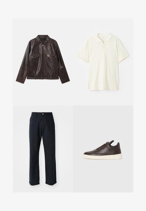 Jaqueta de couro castanho escuro com fecho frontal, duas bolsos de aba no peito, dois bolsos laterais, gola, mangas longas e cinto ajustável na cintura.; Camisa polo de cor creme com colarinho clássico, mangas curtas e uma leve abertura em V na linha do pescoço. Textura suave e design minimalista.; Calças de algodão azul-marinho com um design de perna reta, apresentando um fecho frontal com botão e dois bolsos laterais. Textura suave, sem padrões visíveis.; Sapatilha de couro texturado castanho escuro com atacadores à frente e sola de borracha branca estriada sobre um fundo claro.