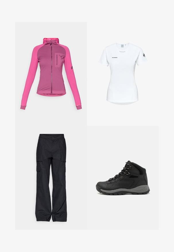 Taillierte Zip-Jacke in drei Rosatönen, mit hohem Kragen, Daumenlöchern und einer mit Logo versehenen, geschlossenen Brusttasche.; Kurzärmliges weißes Sportshirt mit Rundhalsausschnitt, das ein Logo auf der Brust und eine glatte, leichte Stofftextur aufweist.; Columbia BREA FALLS™ COTTON RIPSTOP PANT - Outdoor-Hose - black; Schwarzer Wanderstiefel mit einem mittelhohen Design, ausgestattet mit einer strukturierten Oberfläche, grauen Akzenten und einer robusten Gummisohle mit Profilstollen.