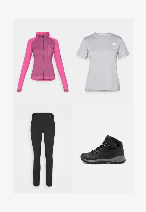 Fitted zip-up jacket in three shades of pink, featuring a high collar, thumbholes, and a zippered chest pocket with logo detail.; Grey short-sleeve t-shirt made of soft, moisture-wicking fabric. Features a crew neck and a small white logo on the upper left.; Black, fitted pants made from a flexible material. Features include a zippered side pocket, articulated knees, and a smooth texture.; Black hiking boot with a mid-top design, featuring a textured upper, gray accents, and durable rubber sole with traction lugs.