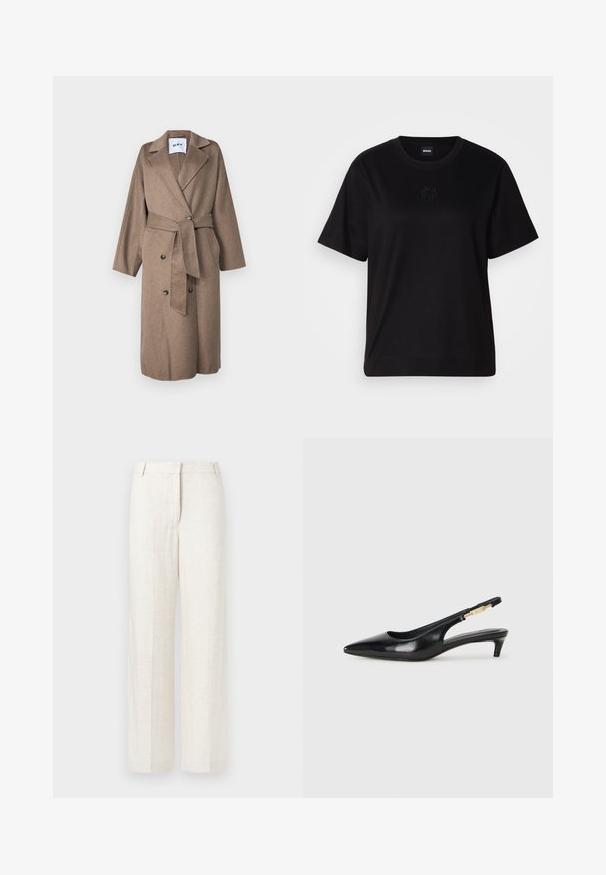 Manteau long en mélange de laine marron avec un col châle, fermeture à boutons double boutonnage, taille ceinturée et poches plaquées. Tissu doux et texturé.; T-shirt en coton noir avec un col rond, des manches courtes et un logo brodé sur la poitrine. Coupe simple et décontractée sans motifs.; Pantalon large beige en mélange de lin, doté d'une texture lisse, de plis avant classiques et de poches latérales pour plus de fonctionnalité.; Talons hauts en cuir noir avec un bout pointu, dotés d'un talon fin et d'un accent en ton or sur la lanière réglable. Texture lisse.