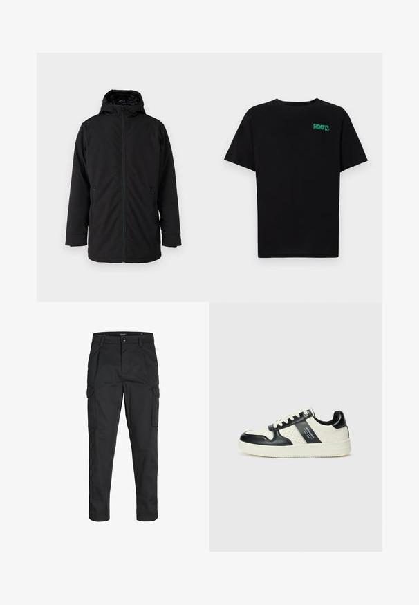 Melna kapuce jaka ar priekšējo rāvējslēdzēju, divām rāvējslēdzēju sānu kabatām un gludu, matētu auduma tekstūru. Iekšpuse ir ar odere.; Melna kokvilnas t-kreka ar īsām piedurknēm. Uz priekšu ir zaļa "ROOTS" logo, apaļa kakla izgriezums un standarta piegriezums.; Melnas kravas bikses, izgatavotas no izturīga auduma, ar vairākiem kabatām, pogu aizdari un šaura piegriezuma dizainu ar sašaurinātiem kāju apakšiem.; Ādas sporta apavi ar melnbaltu krāsu shēmu, ar perforētiem akcentiem, mīkstinātu apkakli un teksturētu zoli.