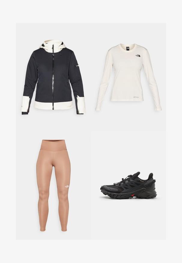 Fekete-fehér zipzáros dzseki kapucnival, elülső zsebekkel, ujjzsebbel és fehér díszítésekkel az ujjakon, alján és a kapucni bélésén.; The North Face SHADOW LONG SLEEVE - Hosszú ujjú felső - white dune; Magas derekú, testhezálló leggings világosbarna színben. Sima, rugalmas anyagból készült, bal combján fehér logóval.; Fekete sportcipők textúrált felsőrésszel, biztonságos fűzőrendszerrel, párnázott talppal és szembeötlő piros akcentussal az oldalon.