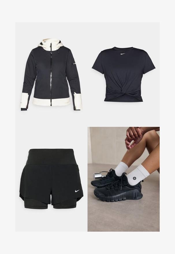 Schwarz-weiße Steppjacke mit Kapuze, Fronttaschen, Ärmeltasche und weißen Akzenten an den Bündchen, dem Saum und dem Innenfutter der Kapuze.; Schwarzes Sport-T-Shirt aus glattem Stoff, mit einem geknoteten Vorderdesign und einem kleinen weißen Nike-Logo auf der Brust.; Schwarze Sportshorts mit einem geschichteten Design, bestehend aus einer inneren Shorts und einer äußeren Überlage, aus leichtem, dehnbarem Material.; Schwarze Sportschuhe aus strukturiertem Stoff, mit Schnürdesign und auffälliger Sohle, kombiniert mit weißen gerippten Socken, die ein kleines Logo tragen.