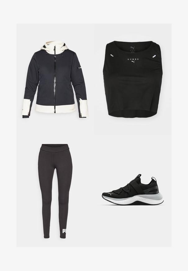 Juodas ir baltas zip-up džemperis su kapišonu, priekinėmis kišenėmis, kišene ant rankovės ir baltais akcentais ant rankovečių, apvado ir kapišono pamušalo.; Juodas trumpas tank top'as, pagamintas iš tekstūruoto audinio, su apvalia iškirpte, baltu logotipu ir dviem mažais atšvaitiniais elementais ant pečių.; Juodi legginsai, pagaminti iš tamprios medžiagos, su aukštu juosmeniu ir baltu logotipu, atspausdintu ant kairės kojos apatinės dalies. Lygus paviršius.; Juodas sportinis batelis su tekstūruota viršutine dalimi, elastingomis juostomis ir storesniu baltu tarpiniai. Yra pilkas akcentas palei pado kraštą.
