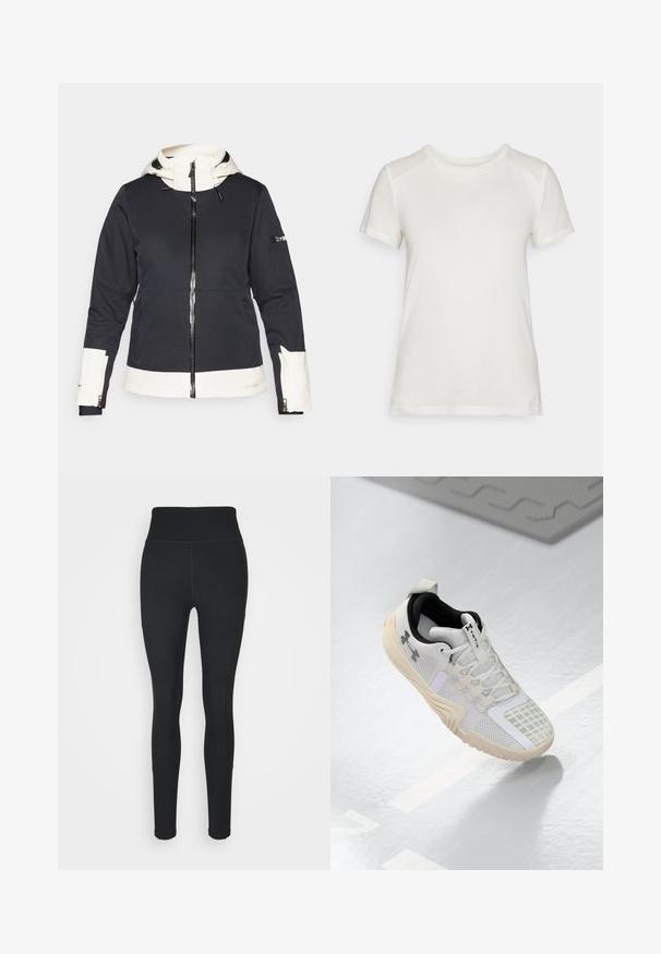 Black and white zip-up jacket with hood, front pockets, sleeve pocket, and white accents on cuffs, hem, and hood lining.; White short-sleeve t-shirt made of soft fabric, featuring a round neckline and a relaxed fit with smooth, seamless shoulder accents.; Black leggings made of stretchy fabric, featuring a high waistband, ribbed panels on the sides, and a fitted design tapering at the ankles.; White athletic shoe featuring a textured mesh upper, a black interior, and a beige rubber sole with a patterned grip. Accented by subtle details.