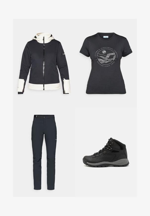 Jachetă cu fermoar neagră și albă, cu glugă, buzunare frontale, buzunar pe mânecă și accente albe la manșete, tiv și căptușeala glugii.; Tricou negru Columbia cu artă liniară albă circulară reprezentând munți și un râu, împreună cu textul "Columbia Sportswear Company Afară din 1938."; Pantaloni de exterior pentru bărbați, gri închis, fabricați dintr-un material flexibil, cu un brâu, buzunare cu fermoar și cusături consolidate.; Botă de drumeție neagră cu un design mediu, având un material texturat, accente gri și o talpă din cauciuc durabilă cu crampoane pentru aderență.