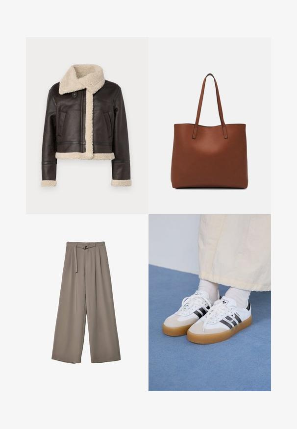 Bruine leren jas met een schapenvachten kraag en voering. Verkorte uitvoering met twee voorzakken en contrasterende crèmekleurige accenten op de manchetten en de onderrand.; Witte gebreide trui met een hoge hals, geribbelde textuur en ballonmouwen. Verkorte lengte met aansluitende manchetten. Eenvoudig ontwerp in een effen kleur.; Wijd nietenbroeken van een zachte, gedempte grijze stof, met een ceintuur in de taille en plooien voor extra ontwerpelementen. Gladde textuur, geen patronen.; Witte sneakers met zwarte strepen en beige suède accenten. Voorzien van een gestructureerde gumzool en platte witte veters, gedragen met lichtgekleurde sokken.; Bruine leren tote bag met een gladde textuur, een ontwerp met een open bovenkant en twee schouderbanden. Kenmerkt zich door minimale stiksels en geen zichtbare hardware.