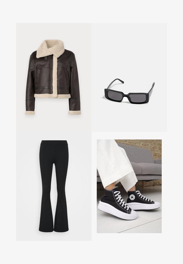 Jachetă din piele maro cu guler și căptușeală din blană. Design scurt, cu două buzunare frontale și accente crem contrastante pe manșete și tiv.; Vero Moda Tall VMHAPPINESS ROLLNECK - Pulover - oatmeal; Pantaloni negrii evazați dintr-un material elastic, având un talie înaltă și o textură netedă. Pantalonii se lărgesc de la genunchi.; Sneakers negre înalte din pânză, cu tălpi și șireturi albe din cauciuc. Prezintă un logo circular pe lateral și cusături albe în contrast.; Ochelari de soare negri cu rame dreptunghiulare, lentile întunecate și un finisaj lucios neted. Include temple subțiri cu un branding subtil pe lateral.