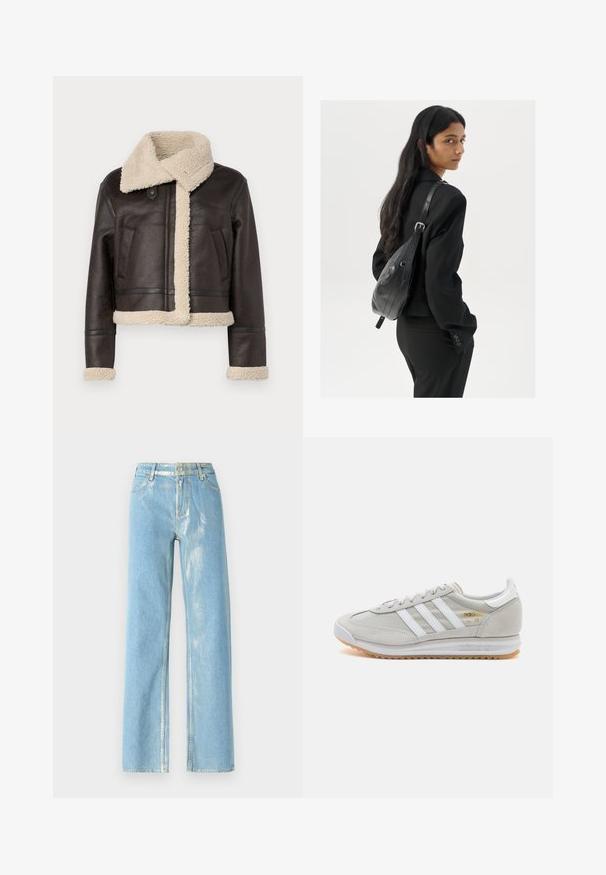 Brown leather jacket with a shearling collar and lining. Cropped design with two front pockets and contrasting cream accents on cuffs and hem.; White sleeveless tank top made of ribbed fabric, featuring a rounded neckline and a fitted silhouette, with minimal seams and no embellishments.; Light blue wide-leg jeans with shiny accents, featuring a high waist, button closure, and visible stitching. Smooth denim texture.; Light grey sneaker made of suede and mesh, featuring three white stripes, round toe, and a gum rubber sole. Gold logo accent near laces.; Woman with long dark hair wearing a black suit, carrying a black leather shoulder bag, looking over her shoulder against a white background.; Silver hoop earrings with a twisted design, featuring a polished finish and post-back closure. Measure approximately 3 cm in diameter.