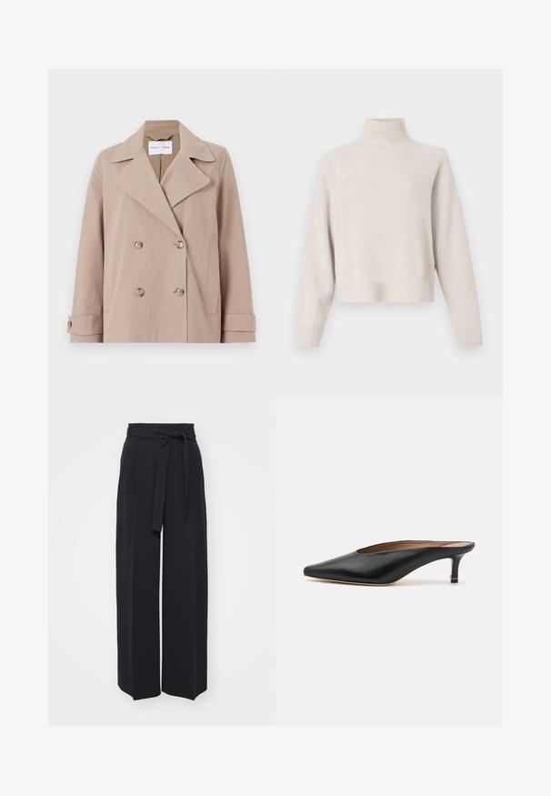 Beige double-breasted jacket made of cotton blend fabric, featuring large lapels, two front pockets, and buttoned cuffs.; Light beige turtleneck sweater made of soft fabric. Features a relaxed fit, ribbed hem and cuffs, and long sleeves. Minimalist design.; Wide-leg black trousers made of soft fabric. Features a belted waistband and front pleats. Smooth texture with a clean, contemporary design.; Black leather mules with a pointed toe and low, block heel. Smooth texture with a sleek design. Open back with minimal detailing.