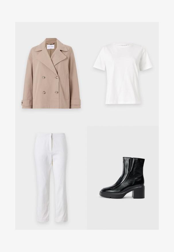 Beež kahe rinna nuppudega jakk, mis on valmistatud puuvillase segu kangast, suurede kraede, kahe esipocket'i ja nööbitavate mansettidega.; Valge puuvillane T-särk lühikeste varrukatega, ümmarguse kaelusega ja vabalt istuv. Sile tekstuur, ilma mustrite ja aktsentideta, minimalistik disain.; Valged puuvillased püksid sirge lõikega, keskmise kõrgusega vöökoht ja ilma nähtavate detailide või mustriteta. Ühtlane sile tekstuur.; Mustmustest must paeltega särkide, millel on kõver varvas, elastsed külgpaneelid ja jäme plokkpealse. Tagaküljel on reljeefne logo.