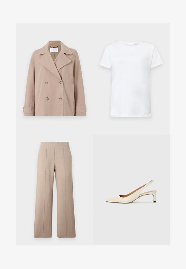 Beige Doppelreiherjacke aus einem Baumwollmischgewebe, mit großen Revers, zwei vorderen Taschen und geknöpften Manschetten.; Weißes T-Shirt mit kurzen Ärmeln aus Baumwolle und Rundhalsausschnitt. Glatte Textur und gerader Schnitt, keine Muster oder Akzente.; Beige weit geschnittene Hose aus leichtem Stoff, mit vorderen Falten, einem glatten Bund und geradem Schnitt mit sauberen Säumen.; Spitz zulaufender Slingback-Schuh aus cremefarbenem Leder, ausgestattet mit einem niedrigen Absatz und einem ausgeschnittenen Design mit glatter Textur und minimalen Akzenten.
