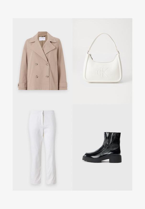 Beige double-breasted jacket made of cotton blend fabric, featuring large lapels, two front pockets, and buttoned cuffs.; White cropped T-shirt, short wide sleeves, soft cotton material, round neckline with subtle orange trim, minimal design, no patterns or graphics.; White cotton pants with a straight leg design, featuring a mid-rise waist and no visible hardware or patterns. Smooth texture throughout.; Black ankle boots with a glossy patent leather finish, chunky black rubber sole, and raised heel; includes subtle logo detail on the side.; White leather handbag with a curved shape, featuring an embossed "CK" logo on the front and a single shoulder strap. Zipper closure at top.