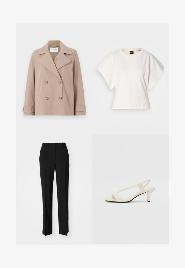 Veste beige croisée en tissu mélangé coton, présentant de grands rabats, deux poches avant et des poignets boutonnés.; T-shirt blanc cintré, manches courtes et larges, en coton doux, décolleté rond avec une discrète bordure orange, design minimaliste, sans motifs ni graphiques.; Pantalon noir ajusté avec une coupe droite, présentant une texture lisse et des plis nets sur le devant. Aucune quincaillerie visible.; Sandales beiges à talons carrés avec des fines brides et un bout carré. Matière lisse avec des détails minimaux, conçues pour un port facile.