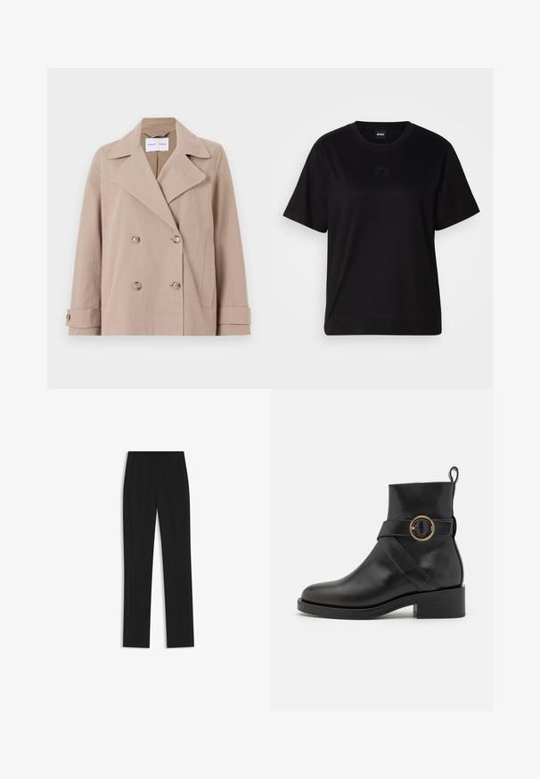 Beige Doppelreiherjacke aus einem Baumwollmischgewebe, mit großen Revers, zwei vorderen Taschen und geknöpften Manschetten.; Schwarzes Baumwoll-T-Shirt mit Rundhalsausschnitt, kurzen Ärmeln und aufgesticktem Logo auf der Brust. Einfacher, lässiger Schnitt ohne Muster.; Schwarze maßgeschneiderte Hose mit geradem Bein, ausgestattet mit Fronttaschen und einem glatten, strukturierten Stoff. Saubere, minimale Details.; BOSS IRYNA BOOTIE - Plateaustiefelette - black